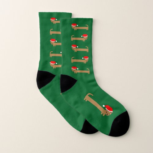Wiener Wearing Santa Hat Cute Pattern Green Socks