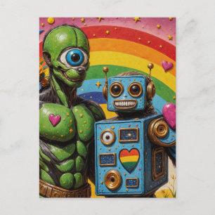 Wierd One Eyed Green Alien and a Robot in Love Postcard