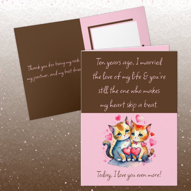 Wife 10th Anniversary cats brown pink Card (Creator Uploaded)