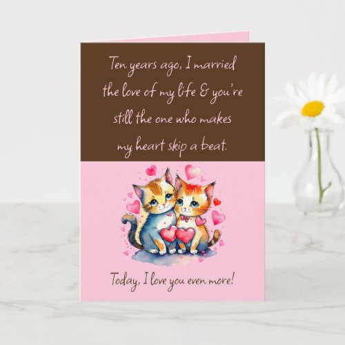 Wife 10th Anniversary cats brown pink Card