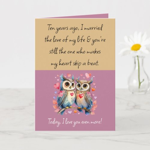 Wife 10th Anniversary owls gold pink Card