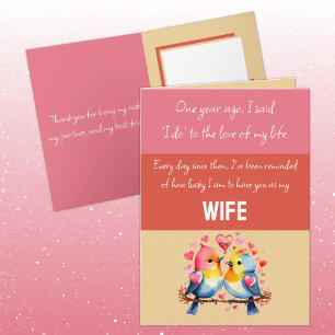 Wife 1st Anniversary pink red cute birds Card