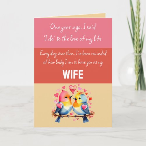 Wife 1st Anniversary pink red cute birds Card