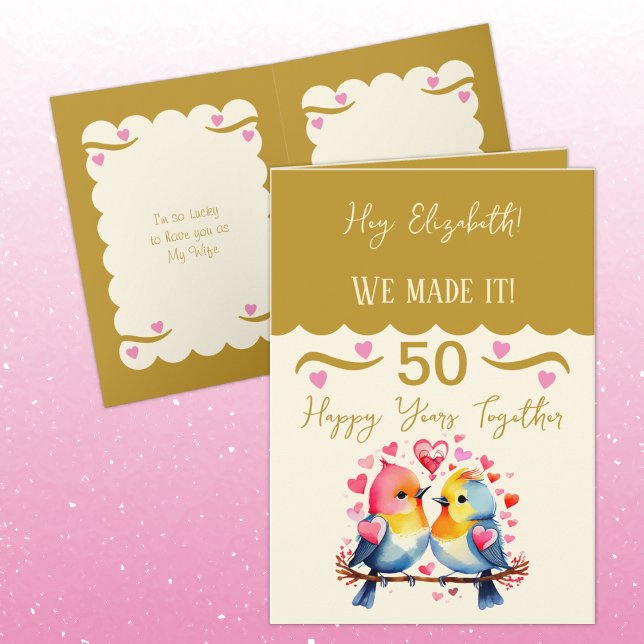 Wife 50th anniversary birds gold pink card (Creator Uploaded)