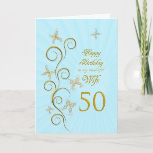 Wife 50th Birthday with golden butterflies Card