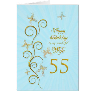 Wife 55th Birthday with golden butterflies Greeting Card