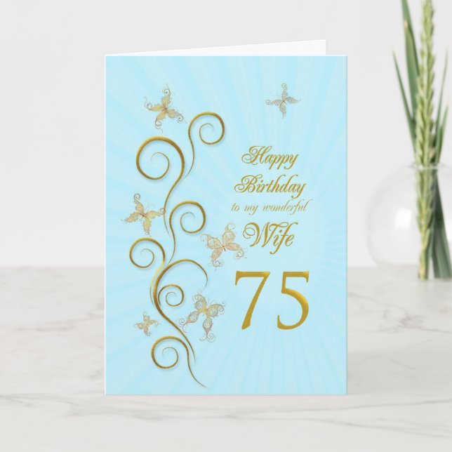 Wife 75th Birthday with golden butterflies Card (Front)