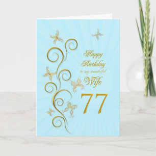 Wife 77th Birthday with golden butterflies Card