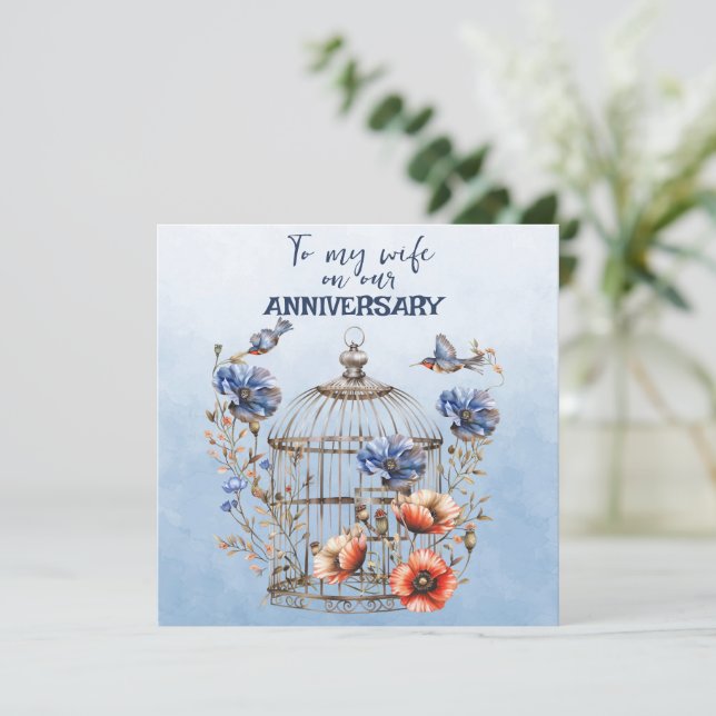Wife Anniversary Blue and Orange Poppies Birdcage Note Card (Standing Front)