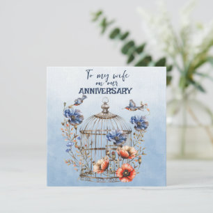 Wife Anniversary Blue and Orange Poppies Birdcage Note Card