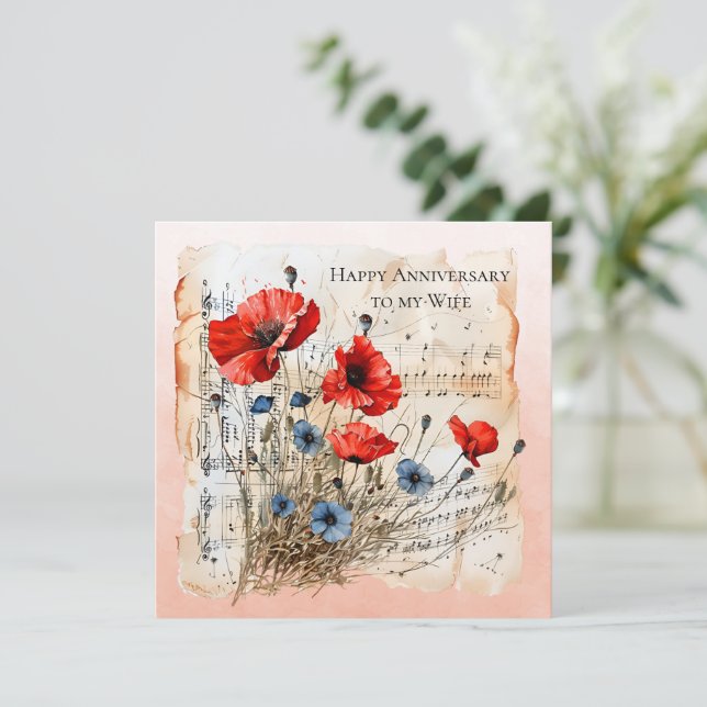 Wife Anniversary Blue and Orange Poppies  Note Card (Standing Front)