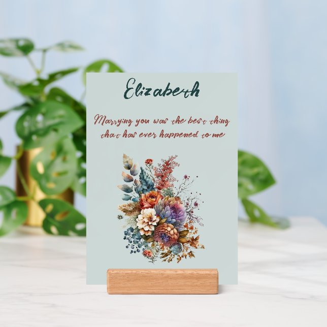 Wife anniversary green floral print sign and holder (Insitu 3)