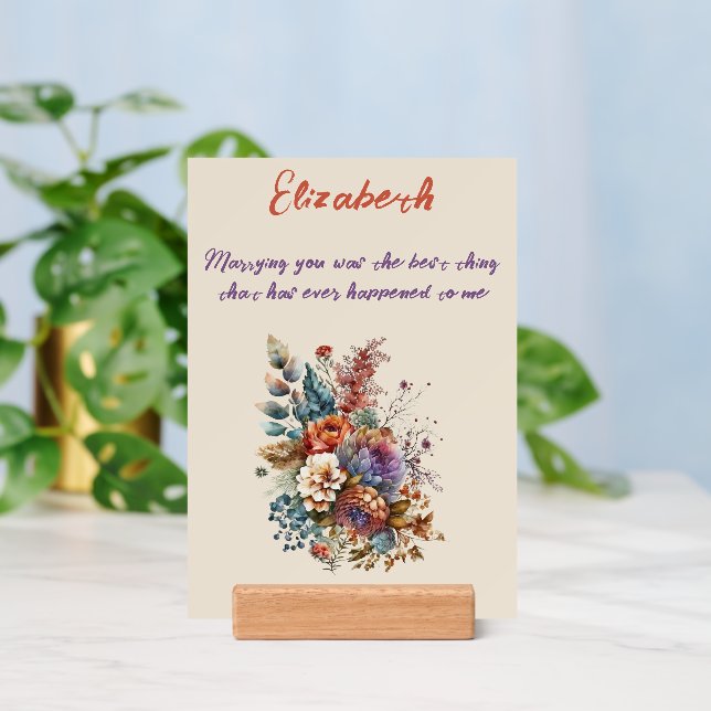 Wife anniversary orange floral print sign and holder (Insitu 3)