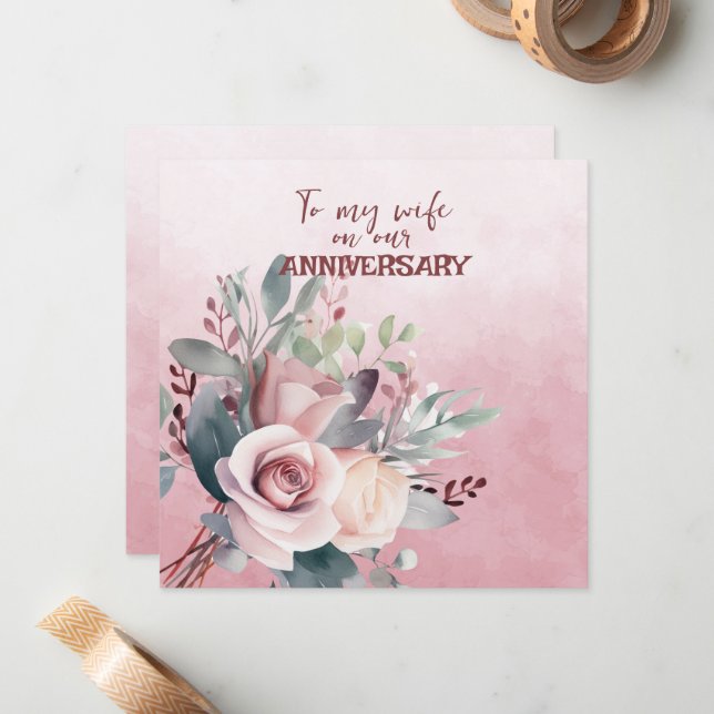 Wife Anniversary Pink Roses  Note Card (Front/Back In Situ)