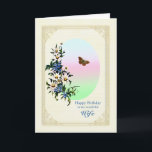 Wife Birthday Flowers and Butterfly Card<br><div class="desc">A beautiful floral birthday card for a wife. A lovely bouquet of blue and white flowers with a brown butterfly in flight. The picture has a delicate golden frame.</div>