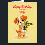 Wife Birthday Puppy and Flowers<br><div class="desc">A cute birthday card for a wife. A cuddly puppy holding a bunch of flowers and saying 'Happy Birthday'. Celebrate a birthday with this irresistible card showcasing a sweet puppy holding a bunch of daisy flowers,  perfect for melting hearts.</div>