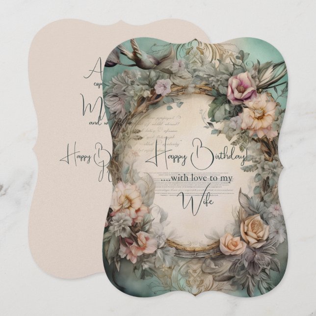 Wife Birthday Vintage Flowers and Birds (Front/Back)