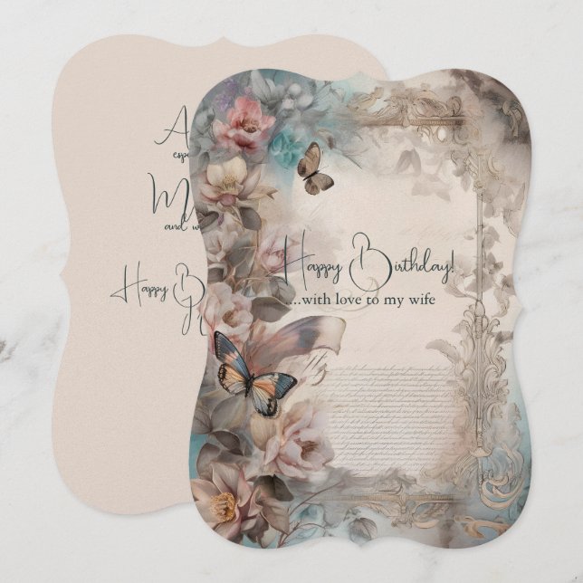 Wife Birthday Vintage Flowers and Butterflies  (Front/Back)