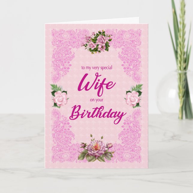 Wife Birthday with Pink Roses Card (Front)