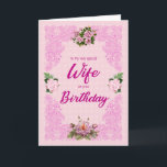 Wife Birthday with Pink Roses Card<br><div class="desc">A pretty birthday card for a wife. An elegant tracery in pink sets of the four pink roses. The background is a pale pink pattern of flowers. A lovely card to send to a wife on her birthday.</div>