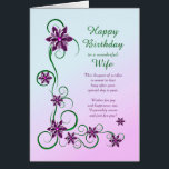 Wife Birthday with Scrolls and Flowers<br><div class="desc">An elegant and beautiful birthday card. A perfect card to give to your wife. Purple flowers and glittery scrolls make a very special birthday card.</div>