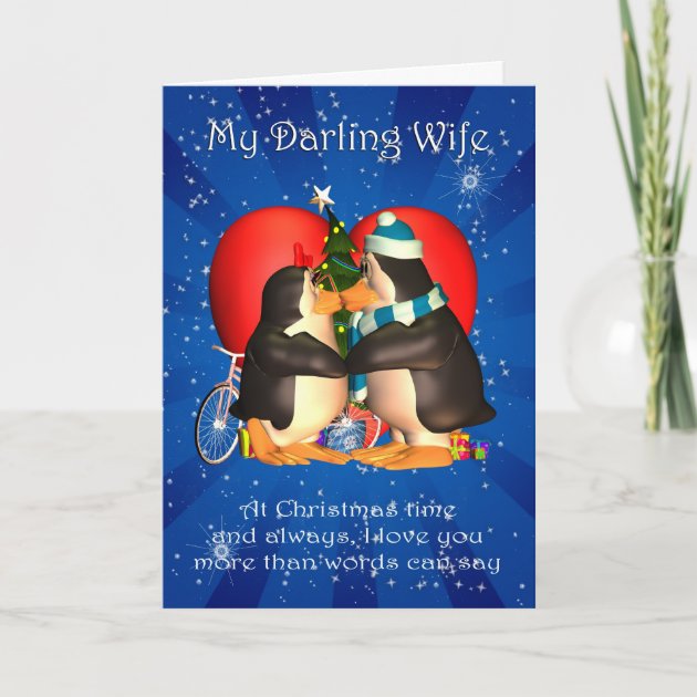 Wife Christmas Invitation With Kissing Penguins Heart An