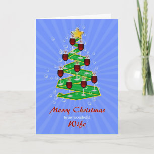 Wife, Christmas Tree with Wine Holiday Card