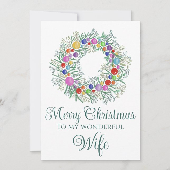 Wife Colorful Christmas Wreath Holiday Card (Front)