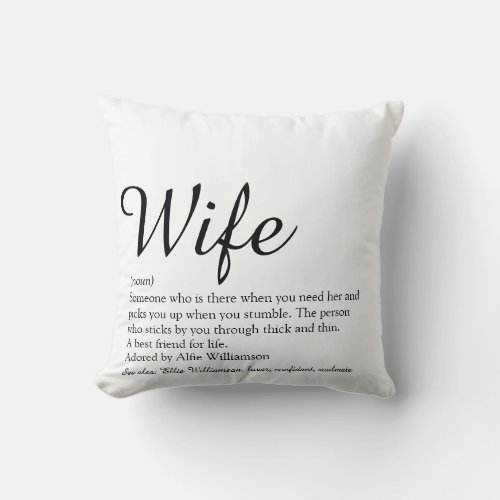 Wife Definition Black and White Chic Script Fun Throw Pillow