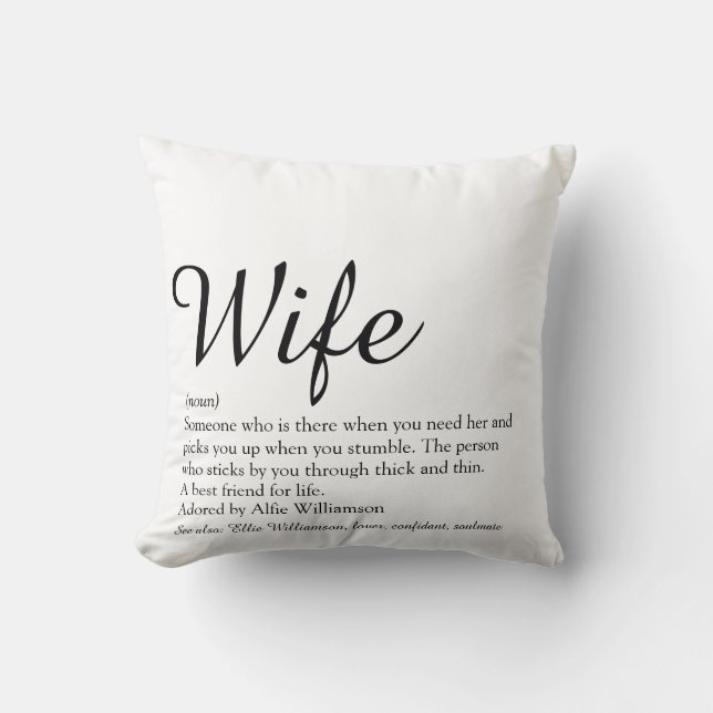 Wife Definition Black and White Chic Script Fun Throw Pillow (Front)