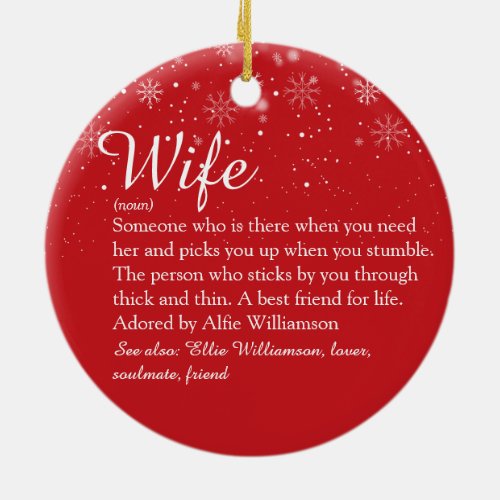 Wife Definition Chic Script Snowflakes Christmas Ceramic Ornament
