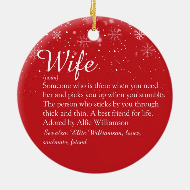 Wife Definition Chic Script Snowflakes Christmas Ceramic Ornament (Back)