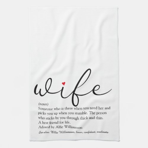 Wife Definition Red Heart Black and White Script Kitchen Towel