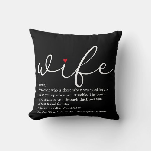 Wife Elegant Script Love Hearts Black and White Throw Pillow