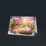 Wife Happy Birthday with Roses Wine Holiday Card<br><div class="desc">A birthday card for your wife. A bunch of colorful candles,  a glass of wine and a basket of roses with editable text on both the inside and cover. Change the font or what it says,  or leave it as is.</div>