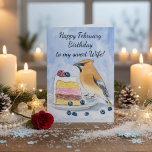 Wife Happy February Birthday Cedar Waxwing Cake Card<br><div class="desc">Elegant and deeply personal, this birthday card for a wife captures a hand-painted Cedar Waxwing savoring a slice of Neapolitan cake topped with blueberries and raspberries. Rendered in watercolor and pen, the artwork blends romance, nature, and quiet celebration—making it a beautiful way to honor your wife with something meaningful, artistic,...</div>