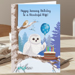Wife Happy January Birthday Snowy Owl Card<br><div class="desc">This charming January birthday card features a beautiful Snowy Owl holding a snowflake balloon beside a rich chocolate birthday cake, creating a fun and cozy winter scene just right for your wife. In the background, a small Barn Owl peeks out from the snowy setting, adding a playful touch of nature...</div>