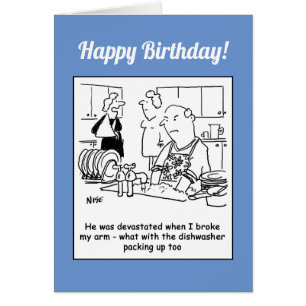 Wife Has Broken Arm so Man Washes Dishes Cartoon. Cards