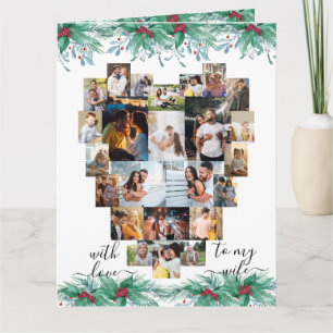 Wife Heart Photo Collage Holly Mistletoe Christmas Card