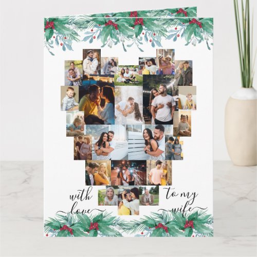 Wife Heart Photo Collage Holly Mistletoe Christmas Card