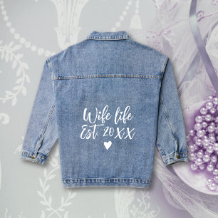 Wife life est. white typography and heart wedding denim jacket