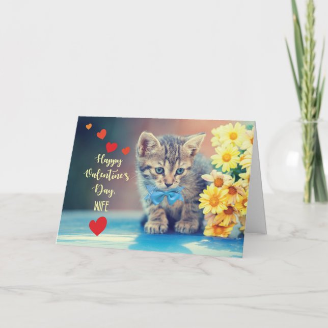 Wife Love Valentine Kitten with Yellow Daisies Card (Front)