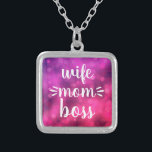 Wife Mom Boss Babe Bold Script Typography Hot Pink Silver Plated Necklace<br><div class="desc">“Wife. Mom. Boss.” You know she runs the household and keeps everyone in line. Gift her this colorful, sassy charm necklace so she can wear it with pride. With bold, white handwriting script on a purple pink bokeh background, this fun necklace will make a strong statement wherever she goes. This...</div>