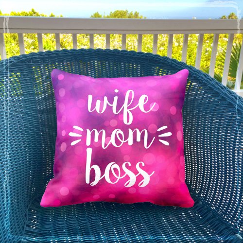 Wife Mom Boss Babe Bold Script Typography Hot Pink Throw Pillow
