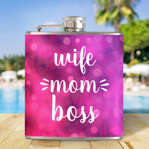 Wife Mom Boss Babe Script Typography Bold Hot Pink Flask