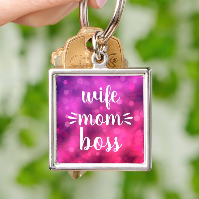 Wife Mom Boss Babe Script Typography Bold Hot Pink Keychain (Creator Uploaded)