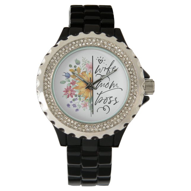 Wife Mom Boss Badass Funny Sunflower  Mother's Day Watch (Front)
