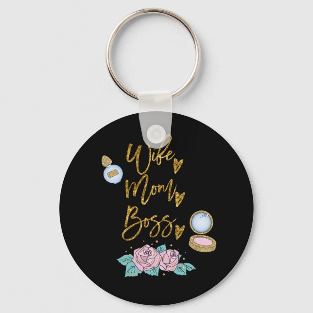 Wife Mom Boss Gold typography on black Keychain (Front)