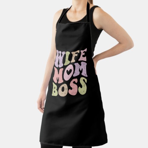 Wife Mom Boss Retro Groovy Mothers day Black Apron