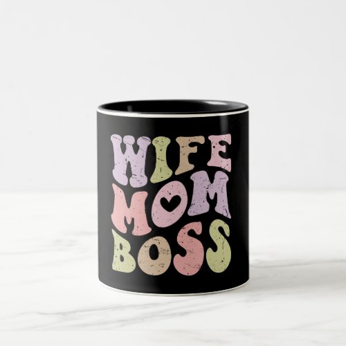 Wife Mom Boss Retro Groovy Mothers day Black Two_Tone Coffee Mug